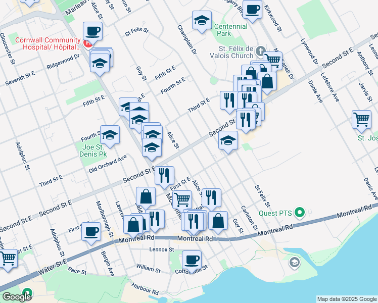 map of restaurants, bars, coffee shops, grocery stores, and more near in Cornwall
