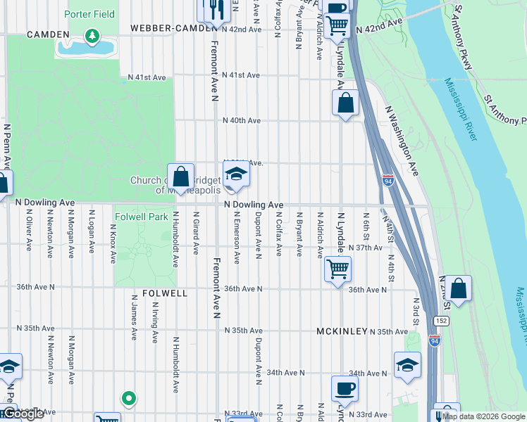 map of restaurants, bars, coffee shops, grocery stores, and more near 3159 North Dowling Avenue in Minneapolis