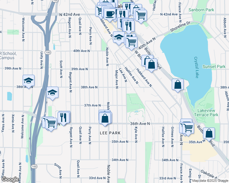 map of restaurants, bars, coffee shops, grocery stores, and more near 3758 Major Avenue North in Minneapolis