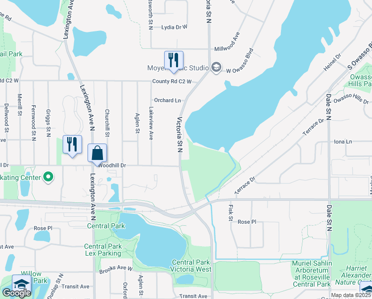 map of restaurants, bars, coffee shops, grocery stores, and more near 2750 Victoria Street North in Roseville