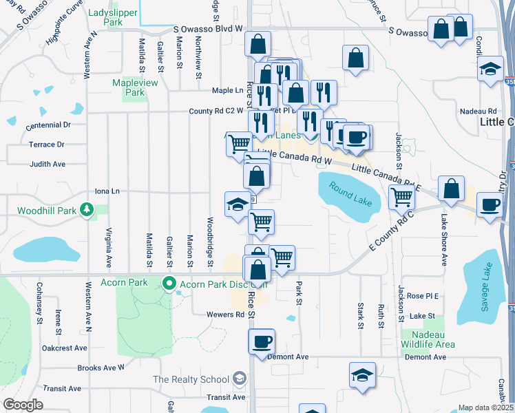 map of restaurants, bars, coffee shops, grocery stores, and more near 2740 Rice Street in Little Canada