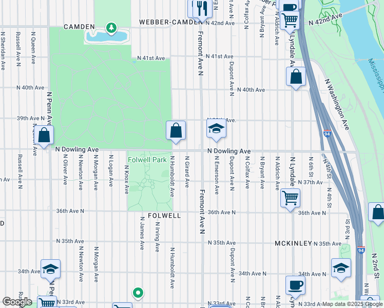 map of restaurants, bars, coffee shops, grocery stores, and more near 1404 North Dowling Avenue in Minneapolis