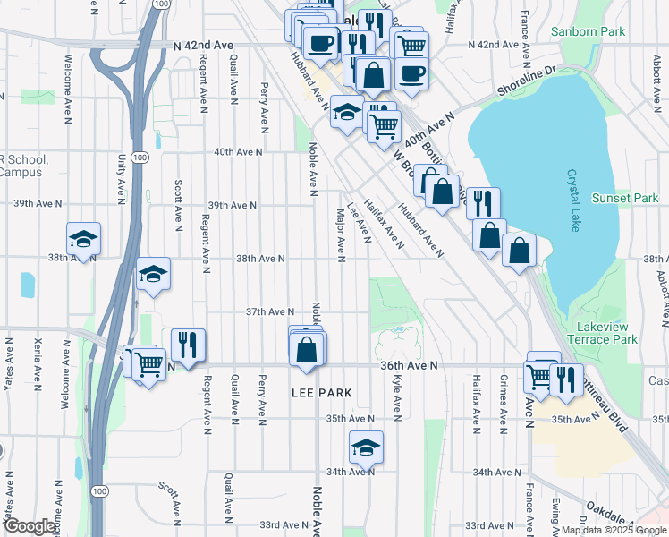 map of restaurants, bars, coffee shops, grocery stores, and more near 3758 Major Avenue North in Minneapolis
