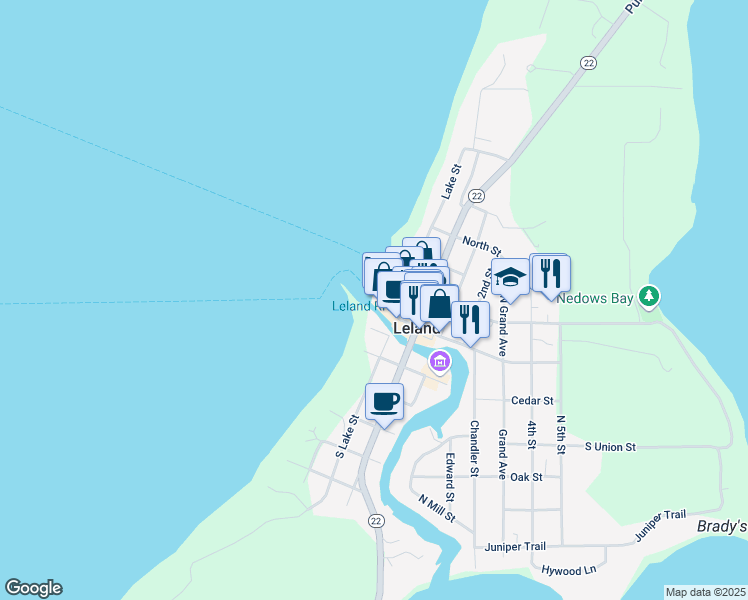 map of restaurants, bars, coffee shops, grocery stores, and more near 207 West River Street in Leland