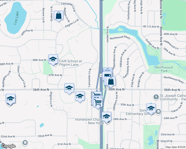 map of restaurants, bars, coffee shops, grocery stores, and more near 3610 Lancaster Lane North in Plymouth