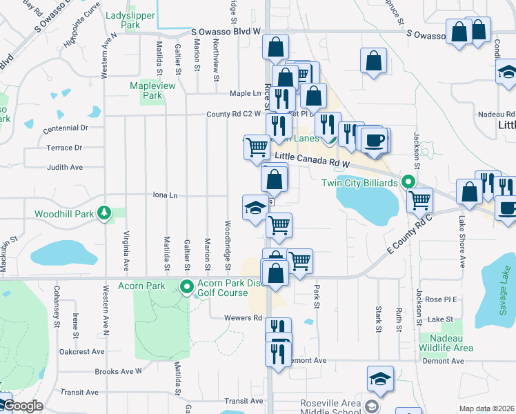 map of restaurants, bars, coffee shops, grocery stores, and more near 2735 Rice Street in Roseville