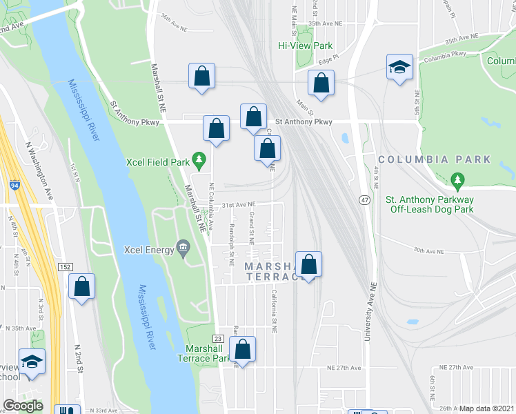 map of restaurants, bars, coffee shops, grocery stores, and more near 3055 Grand Street Northeast in Minneapolis