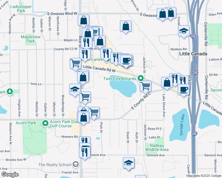 map of restaurants, bars, coffee shops, grocery stores, and more near 1 Round Lake Trail in Little Canada