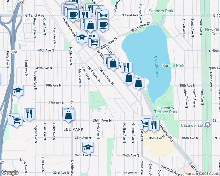 map of restaurants, bars, coffee shops, grocery stores, and more near 3755 Hubbard Avenue North in Robbinsdale