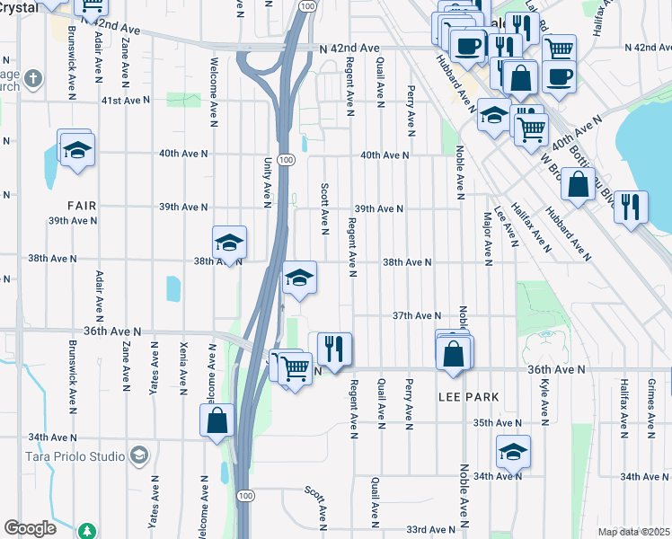 map of restaurants, bars, coffee shops, grocery stores, and more near 5115 38th Avenue North in Robbinsdale