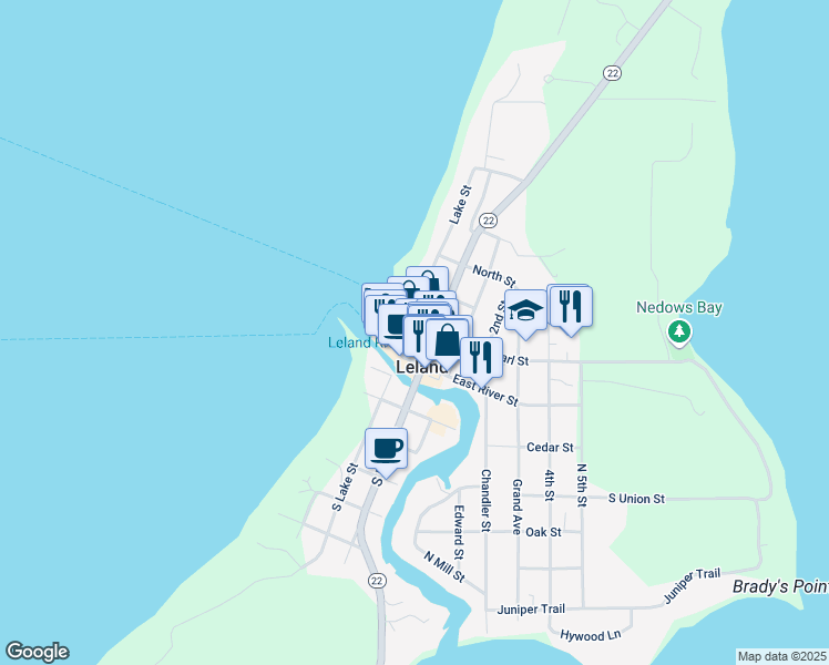 map of restaurants, bars, coffee shops, grocery stores, and more near 207 West River Street in Leland