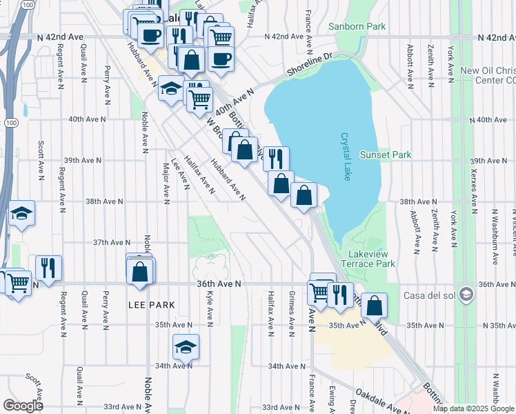 map of restaurants, bars, coffee shops, grocery stores, and more near 3801 West Broadway Avenue in Minneapolis
