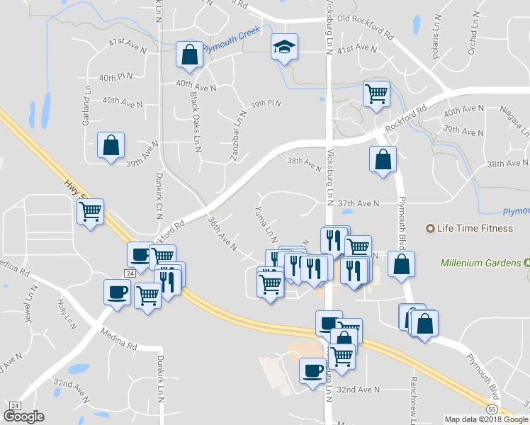 map of restaurants, bars, coffee shops, grocery stores, and more near 3680 Yuma Lane North in Plymouth