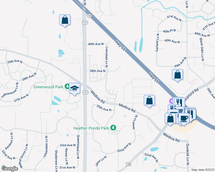 map of restaurants, bars, coffee shops, grocery stores, and more near 3706 Lawndale Lane North in Plymouth