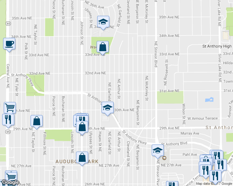 map of restaurants, bars, coffee shops, grocery stores, and more near 3058 Northeast Arthur Street in Minneapolis