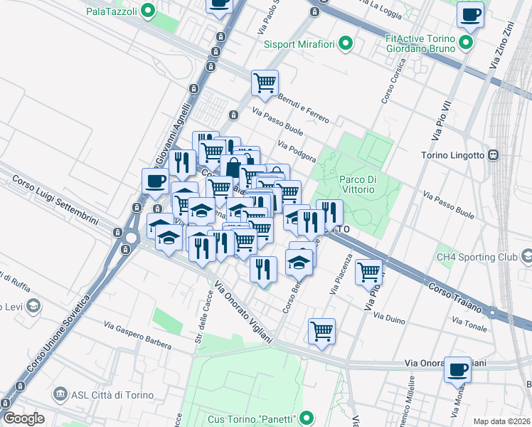map of restaurants, bars, coffee shops, grocery stores, and more near 40 Corso Traiano in Turin