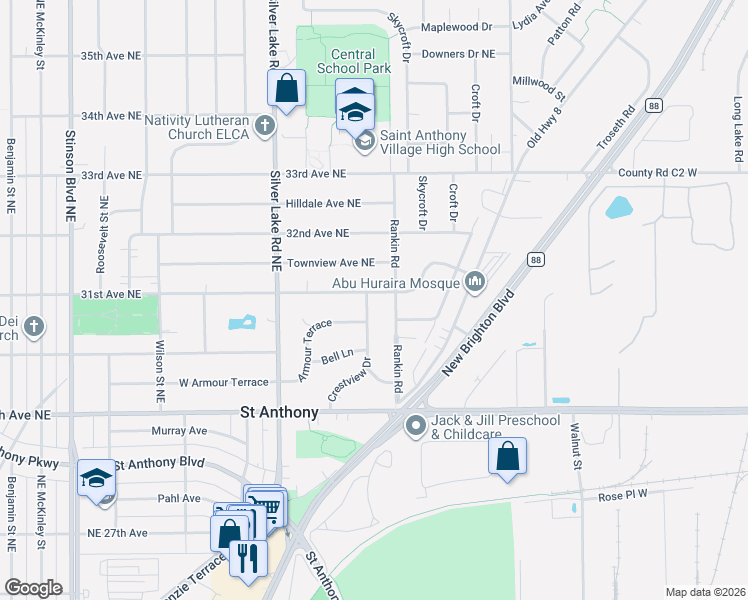 map of restaurants, bars, coffee shops, grocery stores, and more near 3024 Crestview Drive in Minneapolis