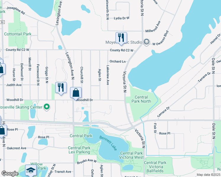 map of restaurants, bars, coffee shops, grocery stores, and more near 2742 Lakeview Avenue in Roseville