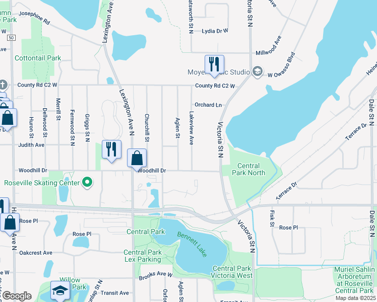 map of restaurants, bars, coffee shops, grocery stores, and more near 2747 Lakeview Avenue in Roseville