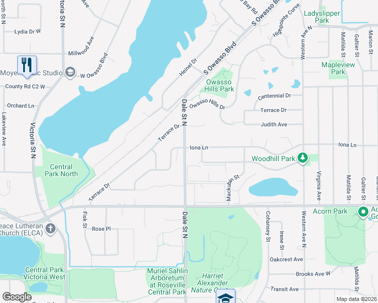 map of restaurants, bars, coffee shops, grocery stores, and more near 604 Iona Lane in Roseville