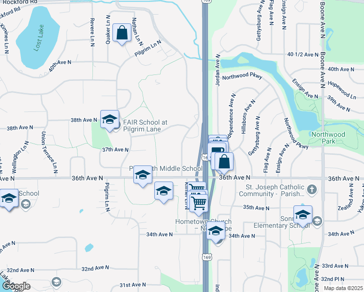 map of restaurants, bars, coffee shops, grocery stores, and more near 3630 Lancaster Lane North in Plymouth