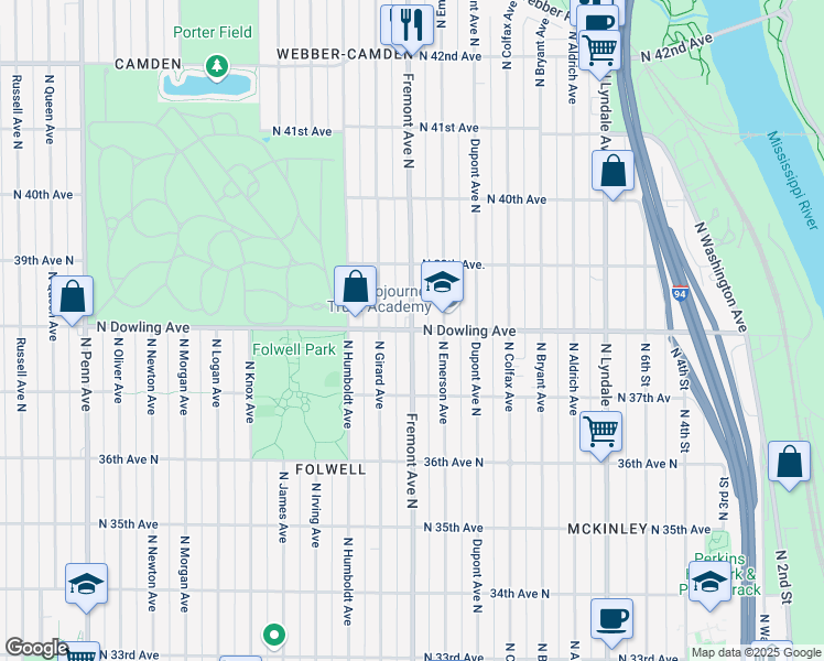 map of restaurants, bars, coffee shops, grocery stores, and more near N Dowling Ave & Fremont Ave N in Minneapolis