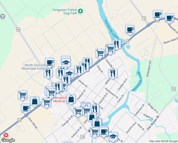 map of restaurants, bars, coffee shops, grocery stores, and more near 2820 Leeds and Grenville 43 in Kemptville