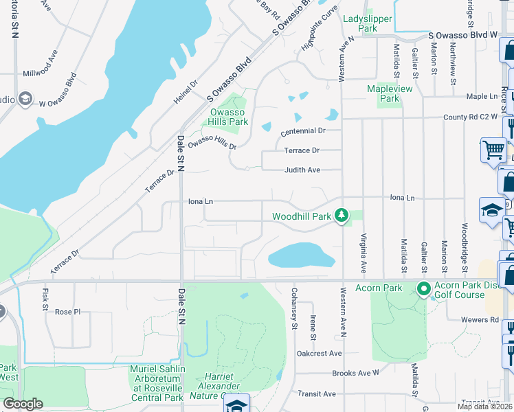 map of restaurants, bars, coffee shops, grocery stores, and more near 512 Iona Lane in Roseville