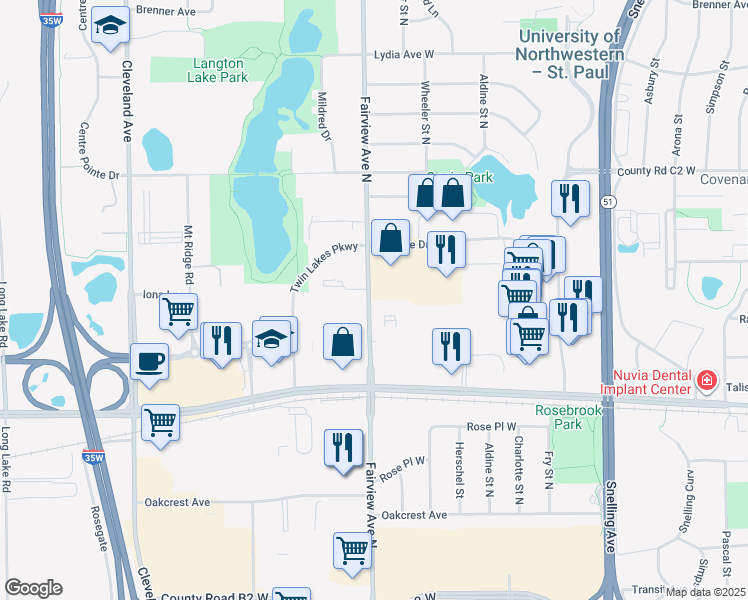 map of restaurants, bars, coffee shops, grocery stores, and more near 2760 Fairview Ave N in Roseville