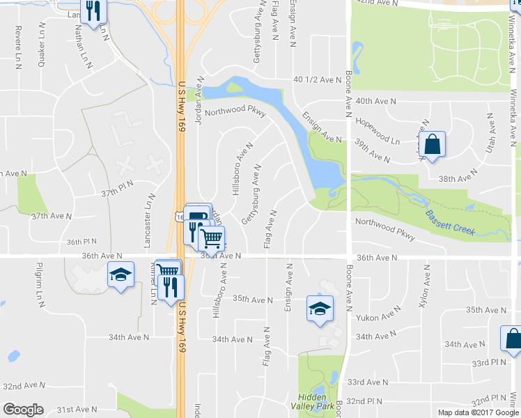 map of restaurants, bars, coffee shops, grocery stores, and more near 3708 Gettysburg Avenue North in Minneapolis