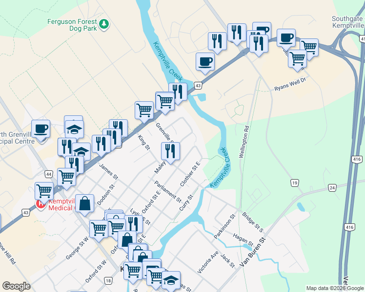 map of restaurants, bars, coffee shops, grocery stores, and more near 712 Maley Street in Kemptville