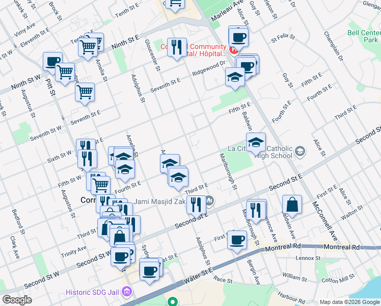 map of restaurants, bars, coffee shops, grocery stores, and more near 414 Gloucester Street North in Cornwall