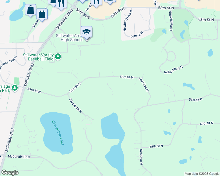 map of restaurants, bars, coffee shops, grocery stores, and more near 5205 Muir Avenue North in Stillwater