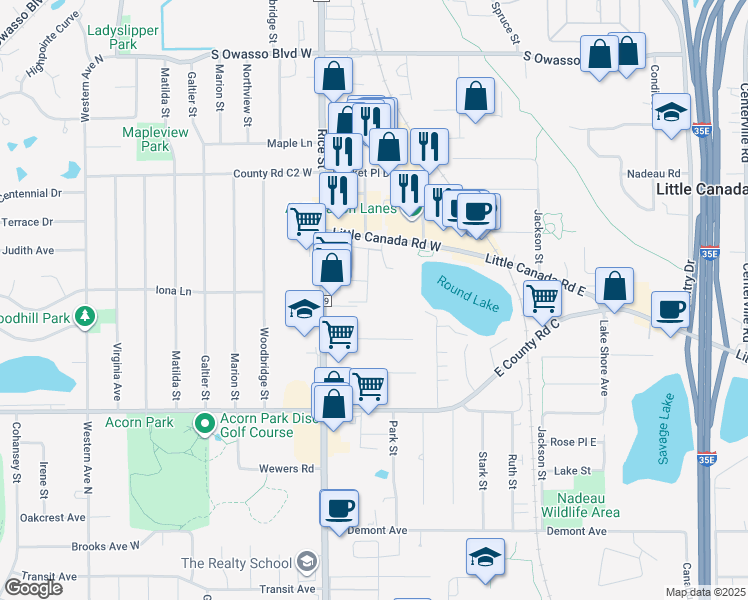map of restaurants, bars, coffee shops, grocery stores, and more near 2799 Rustic Place in Little Canada