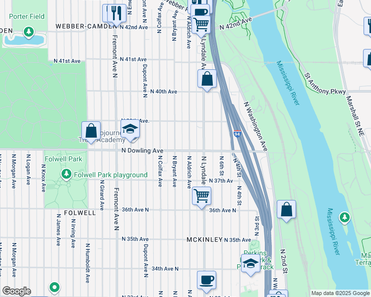 map of restaurants, bars, coffee shops, grocery stores, and more near 3801 North Aldrich Avenue in Minneapolis