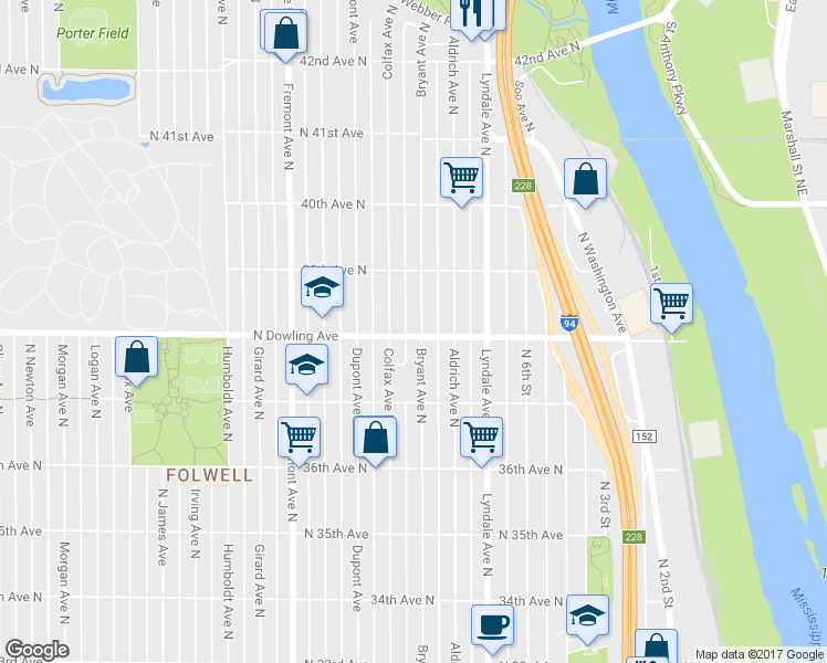 map of restaurants, bars, coffee shops, grocery stores, and more near 3801 Bryant Avenue North in Minneapolis