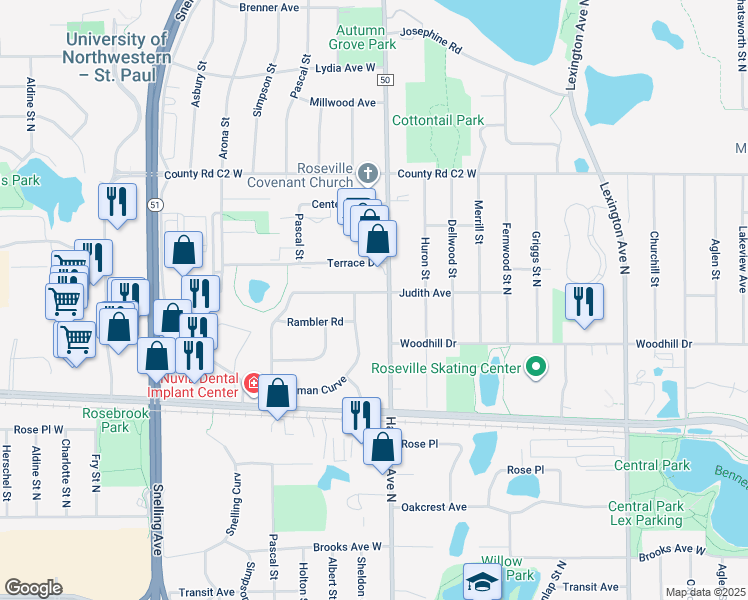 map of restaurants, bars, coffee shops, grocery stores, and more near 1354 Judith Avenue in Roseville