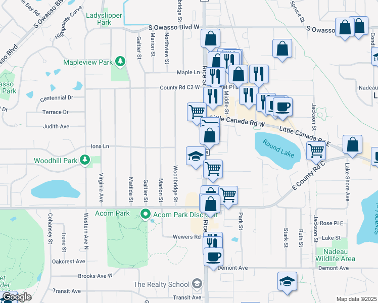 map of restaurants, bars, coffee shops, grocery stores, and more near 2735 Rice Street in Roseville