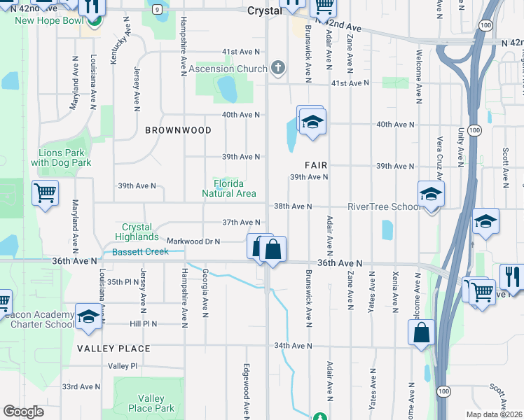 map of restaurants, bars, coffee shops, grocery stores, and more near 3704 Douglas Drive North in Crystal