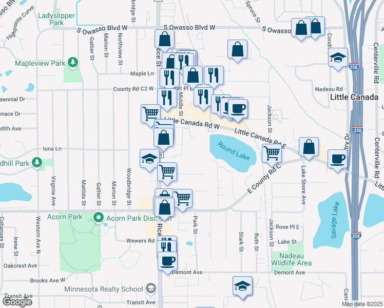 map of restaurants, bars, coffee shops, grocery stores, and more near 2799 Rustic Place in Little Canada