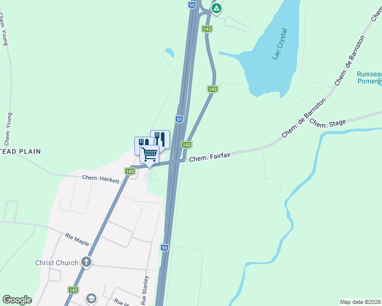 map of restaurants, bars, coffee shops, grocery stores, and more near Chemin de Fairfax in Stanstead