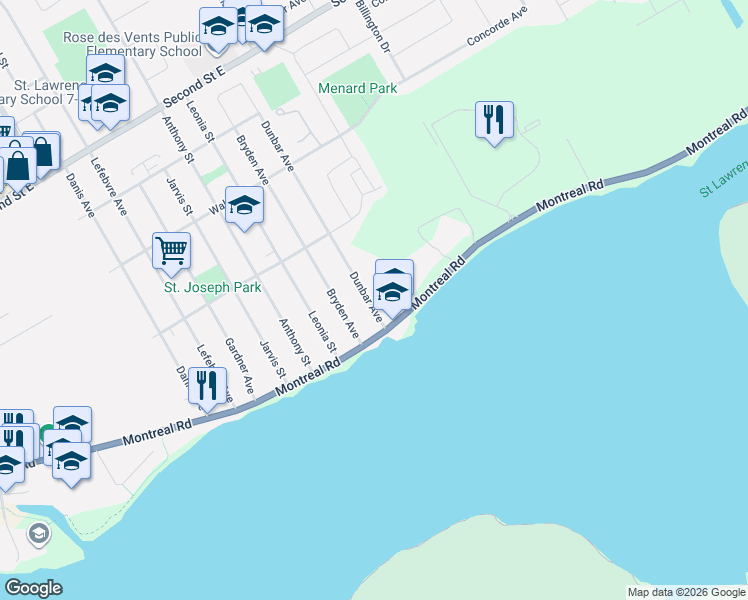 map of restaurants, bars, coffee shops, grocery stores, and more near 10 Dunbar Avenue in Cornwall