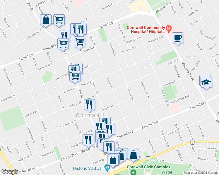map of restaurants, bars, coffee shops, grocery stores, and more near 137 Fifth Street East in Cornwall