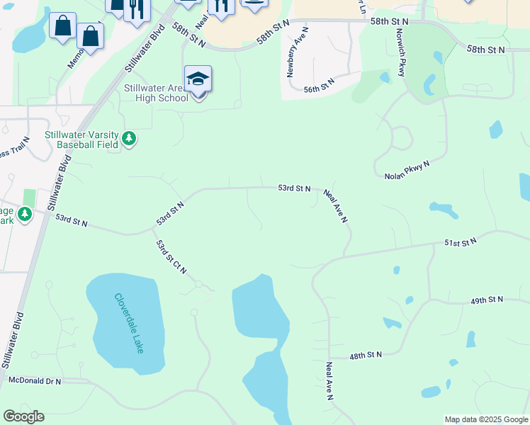 map of restaurants, bars, coffee shops, grocery stores, and more near 5205 Muir Avenue North in Stillwater