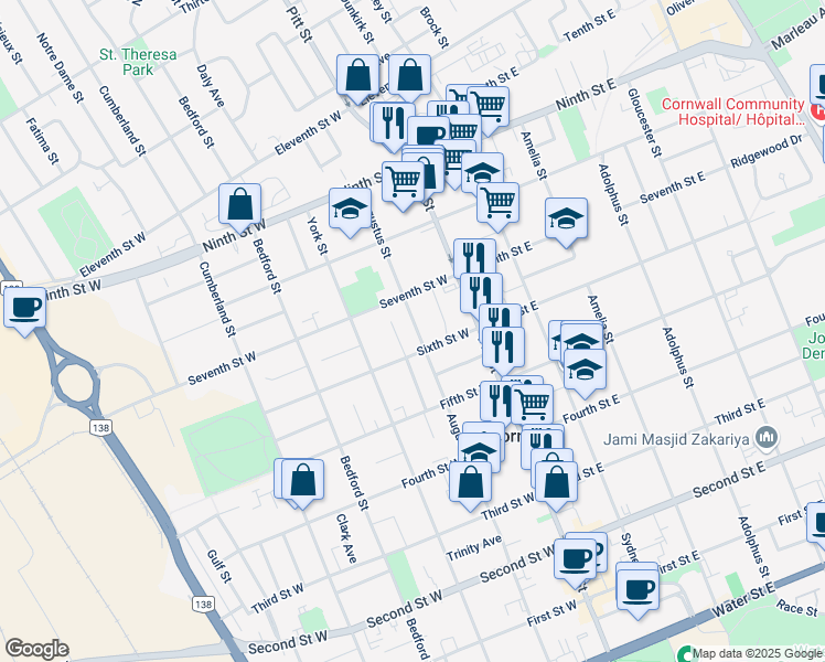 map of restaurants, bars, coffee shops, grocery stores, and more near 618 Augustus Street in Cornwall