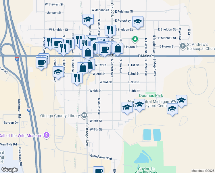 map of restaurants, bars, coffee shops, grocery stores, and more near 410 South Center Avenue in Gaylord