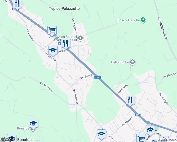 map of restaurants, bars, coffee shops, grocery stores, and more near 107 Corso Torino in Chieri