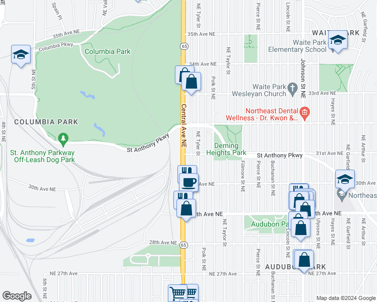 map of restaurants, bars, coffee shops, grocery stores, and more near in Minneapolis