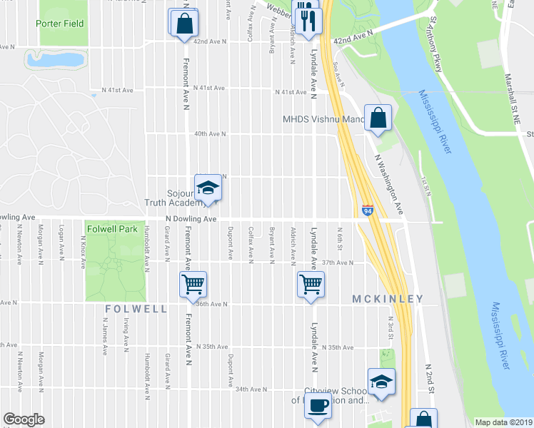 map of restaurants, bars, coffee shops, grocery stores, and more near 3801 Bryant Avenue North in Minneapolis
