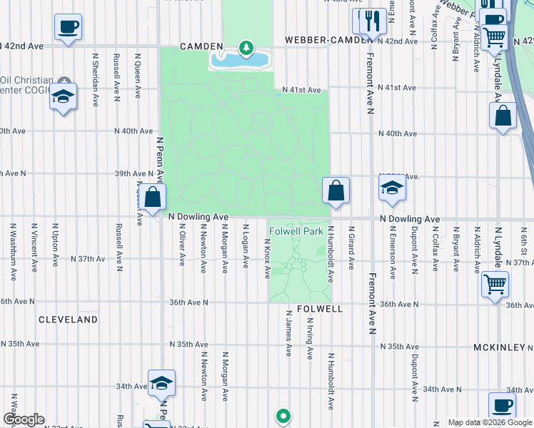 map of restaurants, bars, coffee shops, grocery stores, and more near in Minneapolis